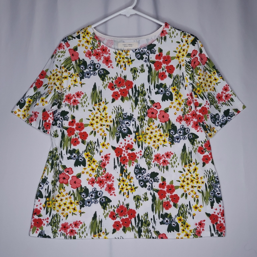 Seasalt Cornwall T-Shirt Womens 12 Large Multicolor Organic Floral Short Sleeve